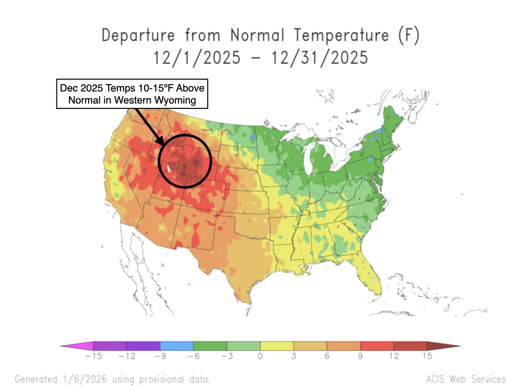 December 2025 was anomalously warm, and also wet, across Western Wyoming